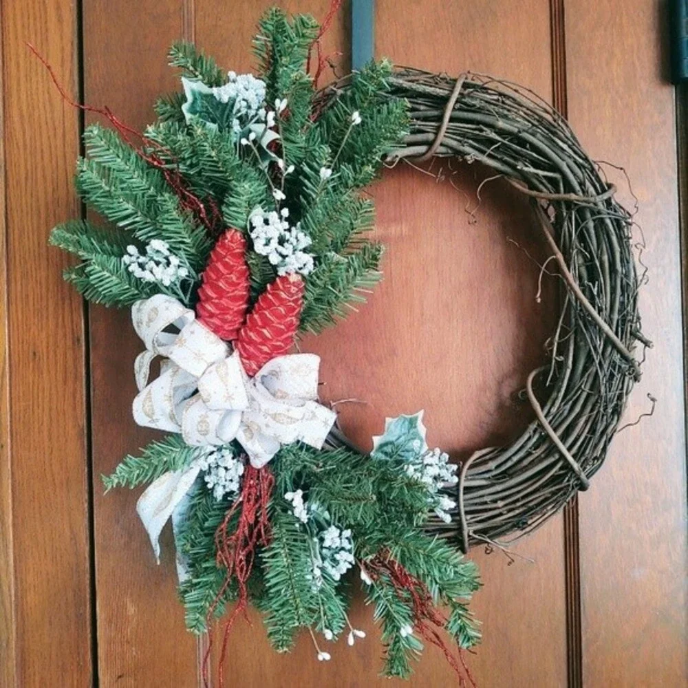 Hand Crafted Grapevine Christmas Wreath, Greenery, Ribbon and Ornaments 18